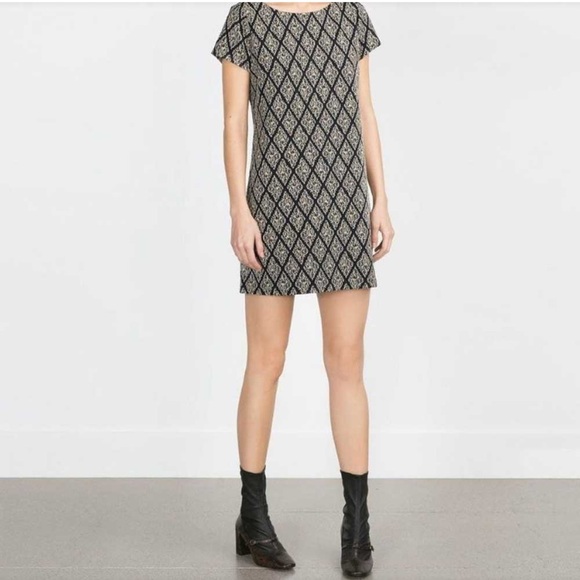 Zara Dresses & Skirts - Zara Woman short sleeve gold metallic threading mini jacquard L navy blue dress